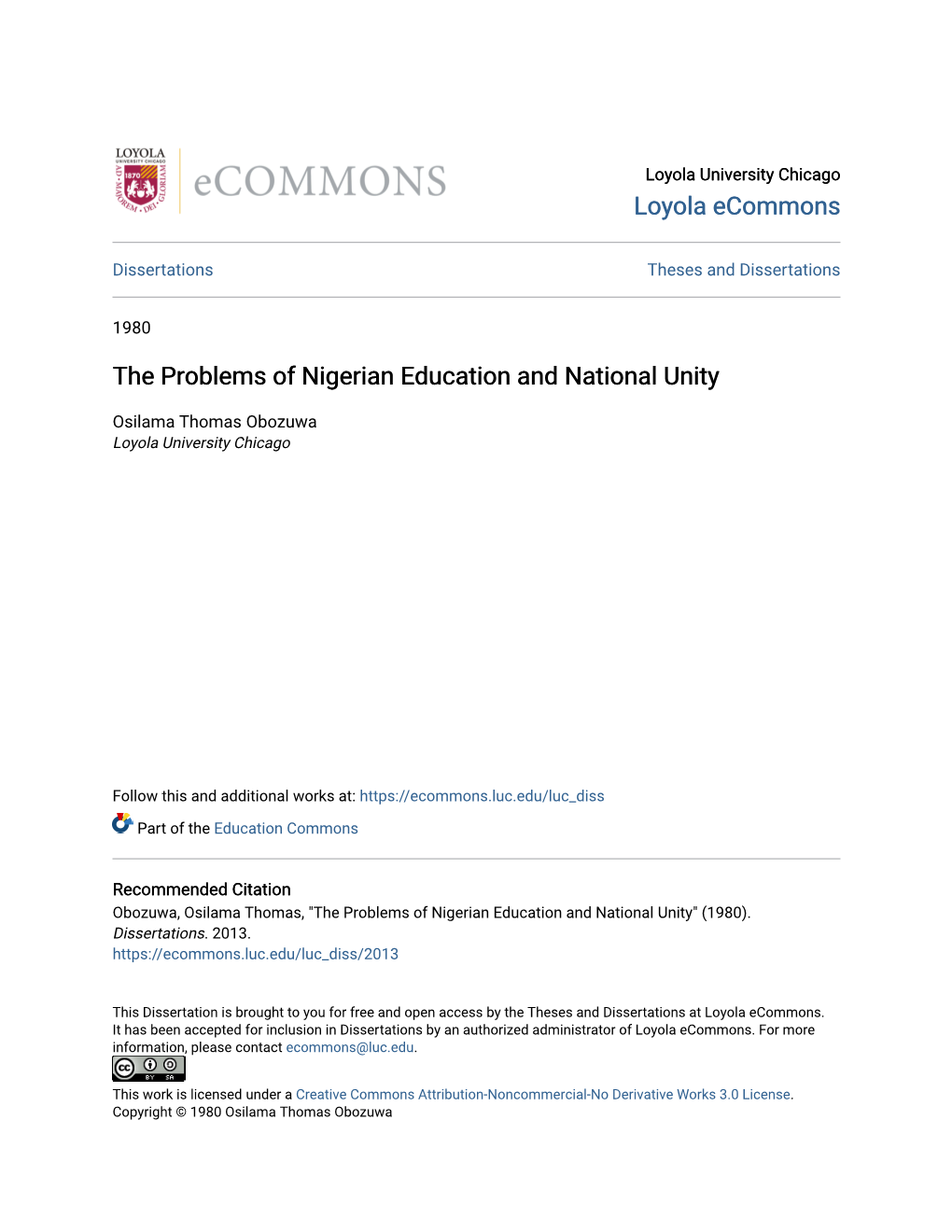 The Problems of Nigerian Education and National Unity