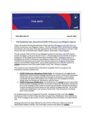 FHA INFO #21-61 July 23, 2021 FHA Establishes New, Streamlined