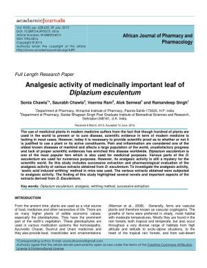 Analgesic Activity of Medicinally Important Leaf of Diplazium Esculentum