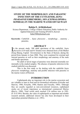 Studies on the Structure and Parasitic Infection in the Cuttlefish