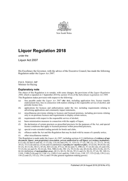 Liquor Regulation 2018 Under the Liquor Act 2007