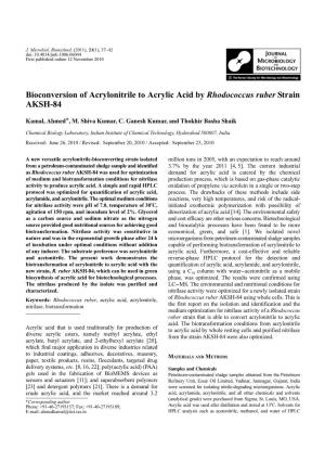 Bioconversion of Acrylonitrile to Acrylic Acid by Rhodococcus Ruber Strain AKSH-84