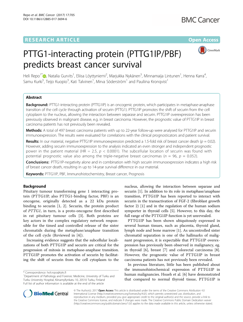 (PTTG1IP/PBF) Predicts Breast Cancer Survival