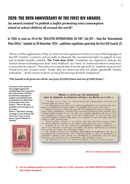 THE 90TH ANNIVERSARY of the FIRST OIV AWARDS an Award Created “To Publish a Leaflet Promoting Wine Consumption Aimed at School Children All Around the World”