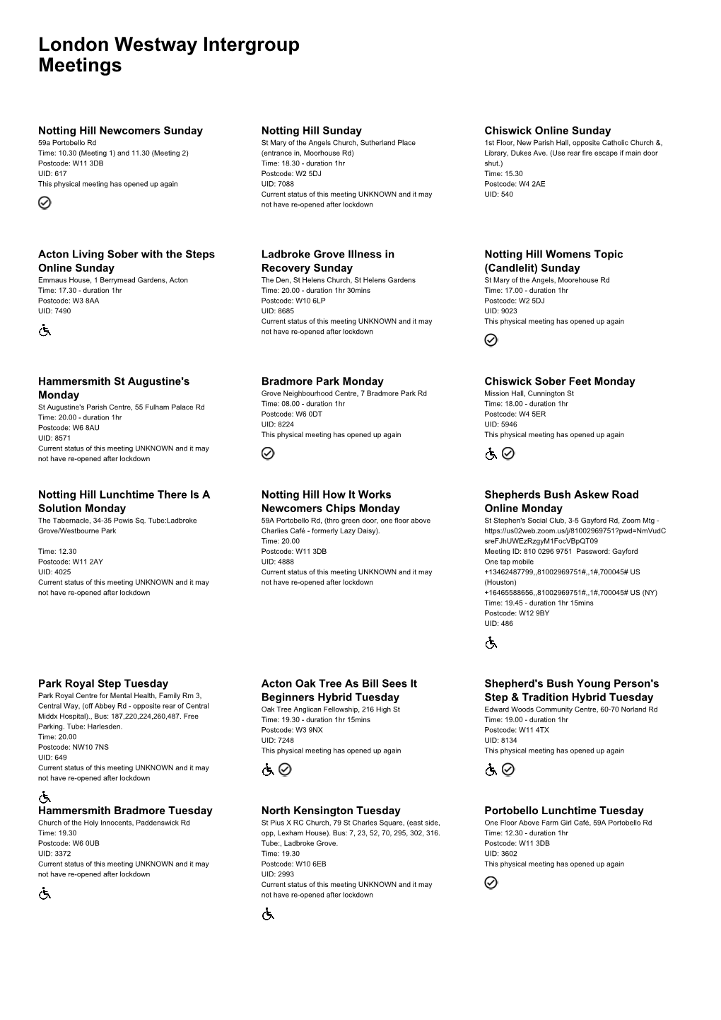 London Westway Intergroup Meetings