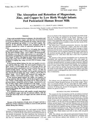 The Absorption and Retention of Magnesium, Zinc, and Copper by Low Birth Weight Infants Fed Pasteurized Human Breast Milk