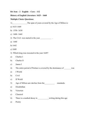 112 History of English Literature: 1625 – 1660 Multiple Choice Questions