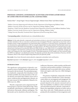 Phenolic Content, Antioxidant Activities and Stimulatory Roles of Citrus Fruits on Some Lactic Acid Bacteria