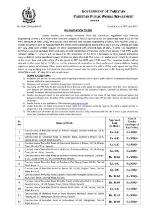 GOVERNMENT of PAKISTAN PAKISTAN PUBLIC WORKS DEPARTMENT ***** NO.EE/KCCD-III/AB/497 Dated, Karachi: 16Th June 2021