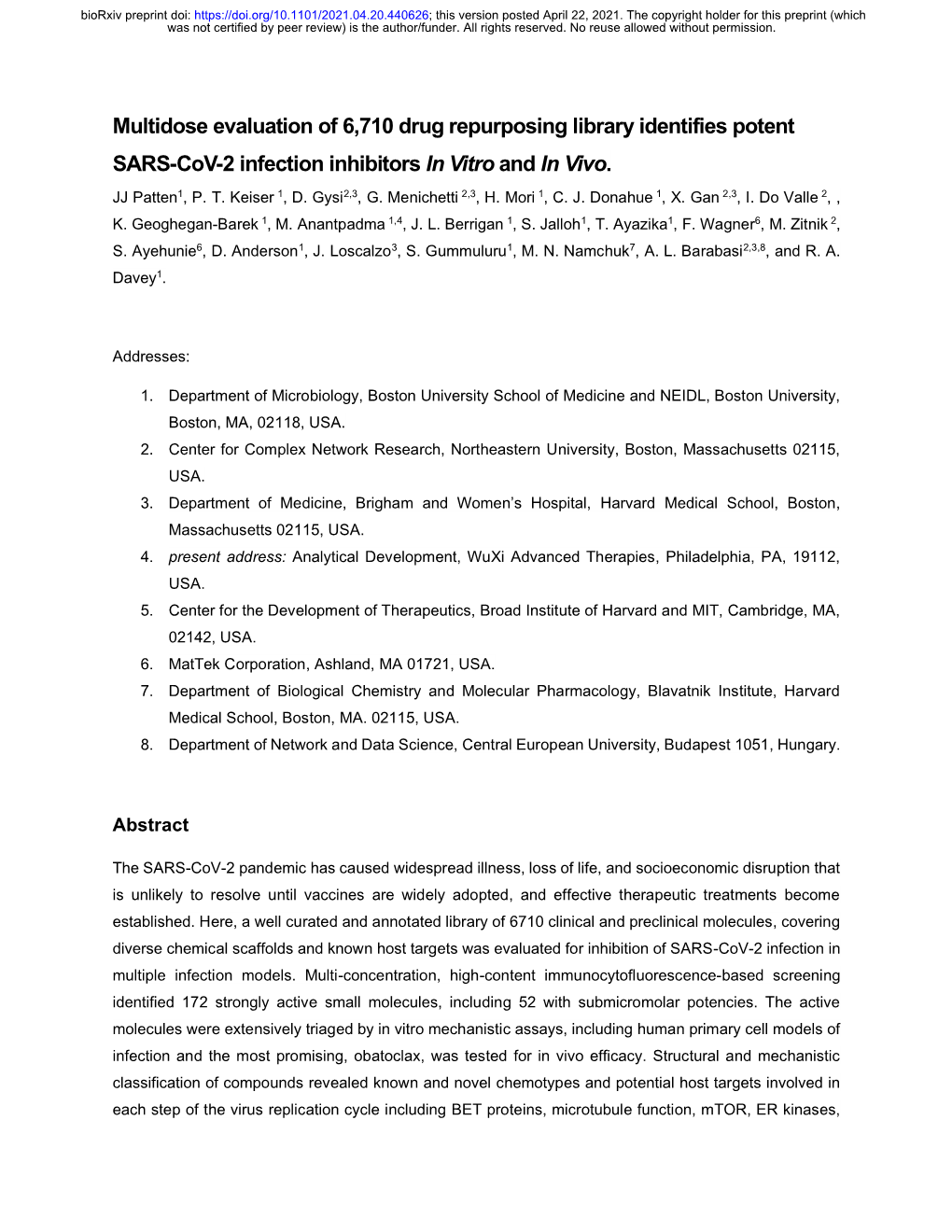 Multidose Evaluation of 6,710 Drug Repurposing Library Identifies Potent SARS-Cov-2 Infection Inhibitors in Vitro and in Vivo