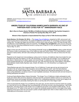 Amgen Tour of California Names Santa Barbara As One of Thirteen Host Cities for 10 Anniversary Race