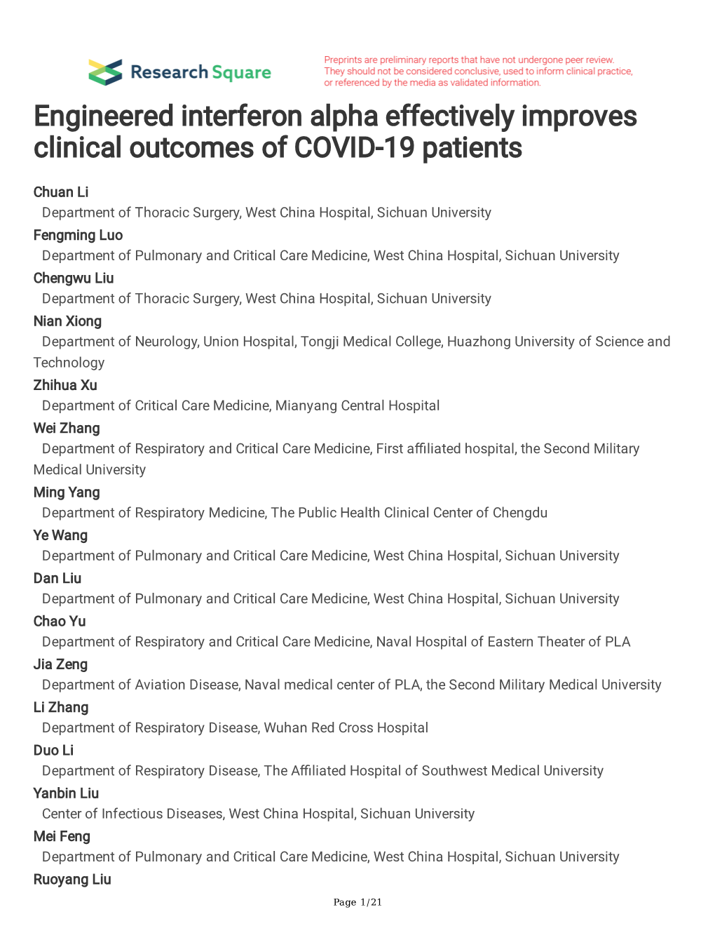 Engineered Interferon Alpha Effectively Improves Clinical Outcomes of COVID-19 Patients