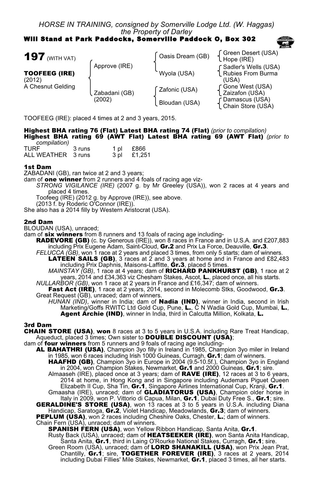 W. Haggas) the Property of Darley Will Stand at Park Paddocks, Somerville Paddock O, Box 302