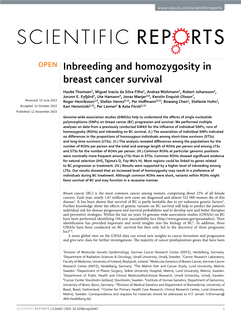 Inbreeding and Homozygosity in Breast Cancer Survival