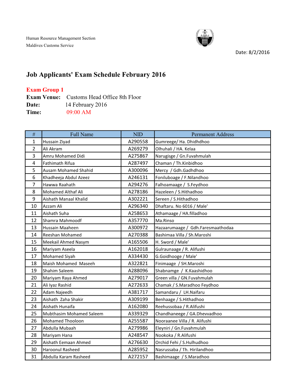 Job Applicants' Exam Schedule February 2016