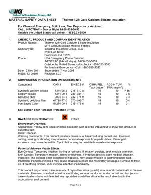 MATERIAL SAFETY DATA SHEET Thermo-12® Gold Calcium Silicate Insulation