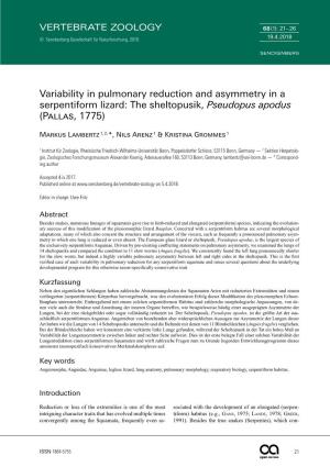 Variability in Pulmonary Reduction and Asymmetry in a Serpentiform Lizard: the Sheltopusik, Pseudopus Apodus (Pallas, 1775)