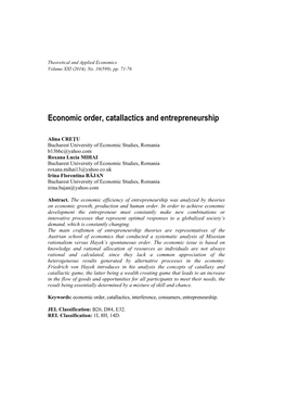 Economic Order, Catallactics and Entrepreneurship