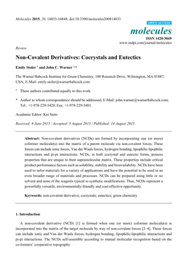 Non-Covalent Derivatives: Cocrystals and Eutectics