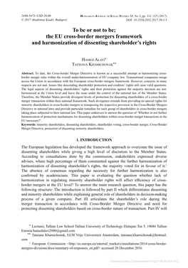 The EU Cross-Border Mergers Framework and Harmonization of Dissenting Shareholder’S Rights