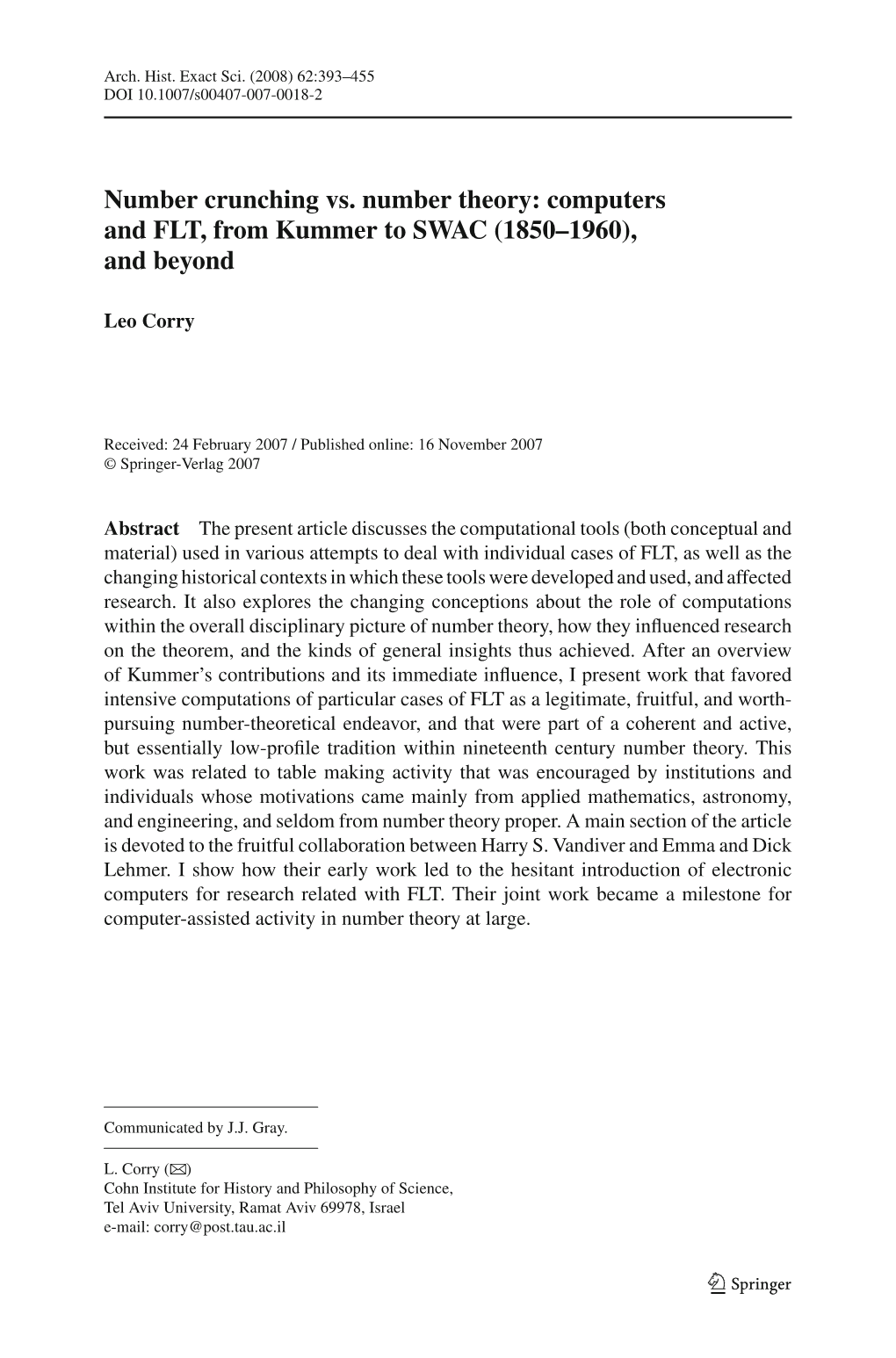 Number Crunching Vs. Number Theory: Computers and FLT, from Kummer to SWAC (1850–1960), and Beyond