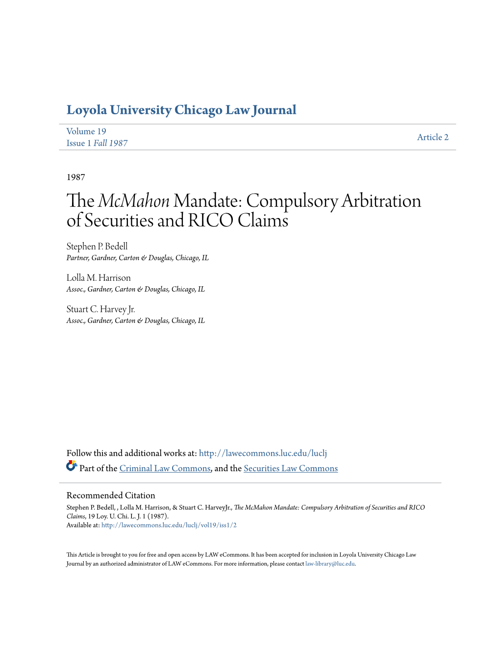 The Mcmahon Mandate: Compulsory Arbitration of Securities and RICO Claims Stephen P