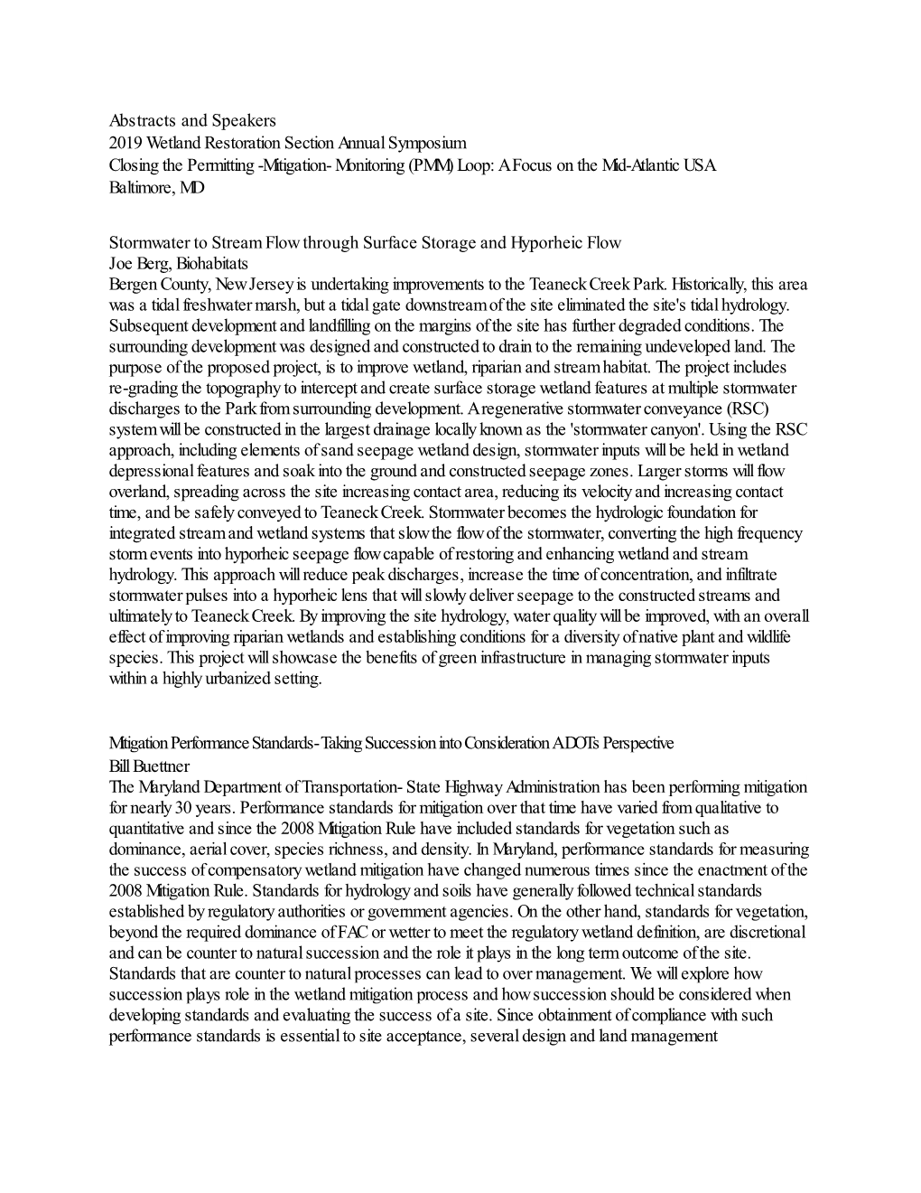 Abstracts and Speakers 2019 Wetland Restoration Section Annual