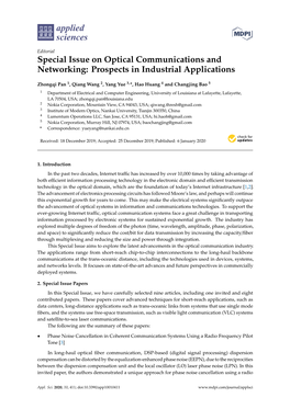 Special Issue on Optical Communications and Networking: Prospects in Industrial Applications