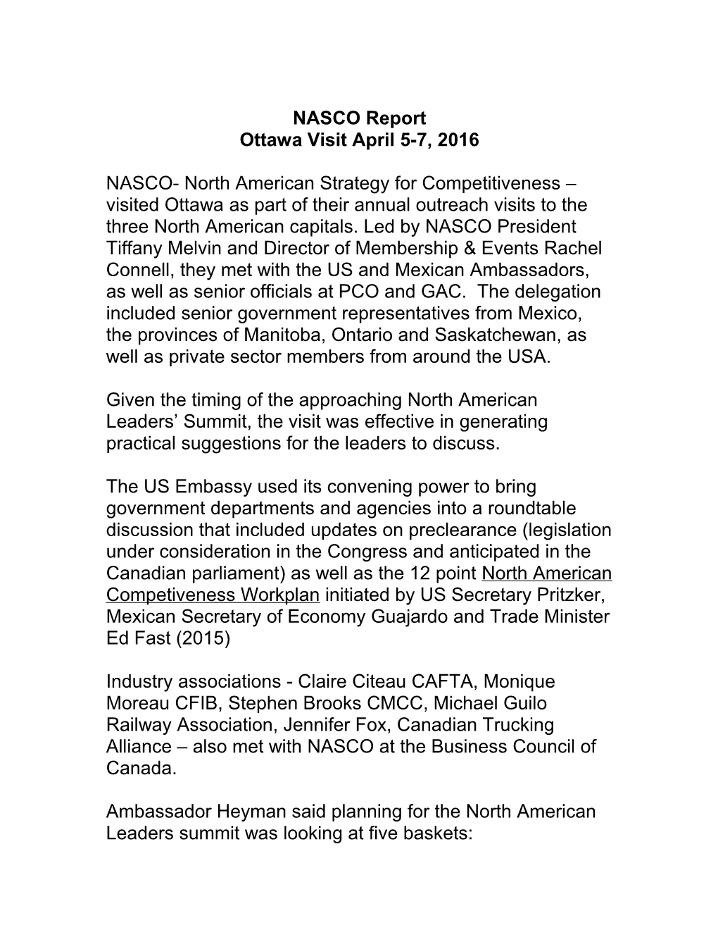 NASCO- North American Strategy for Competitiveness Visited Ottawa As Part of Their Annual