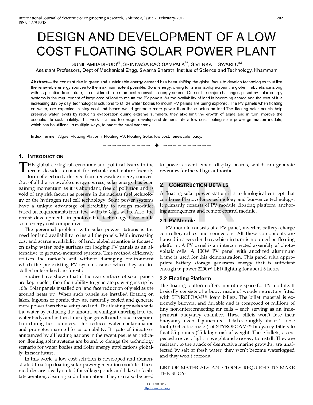 Design and Development of a Low Cost Floating Solar Power Plant