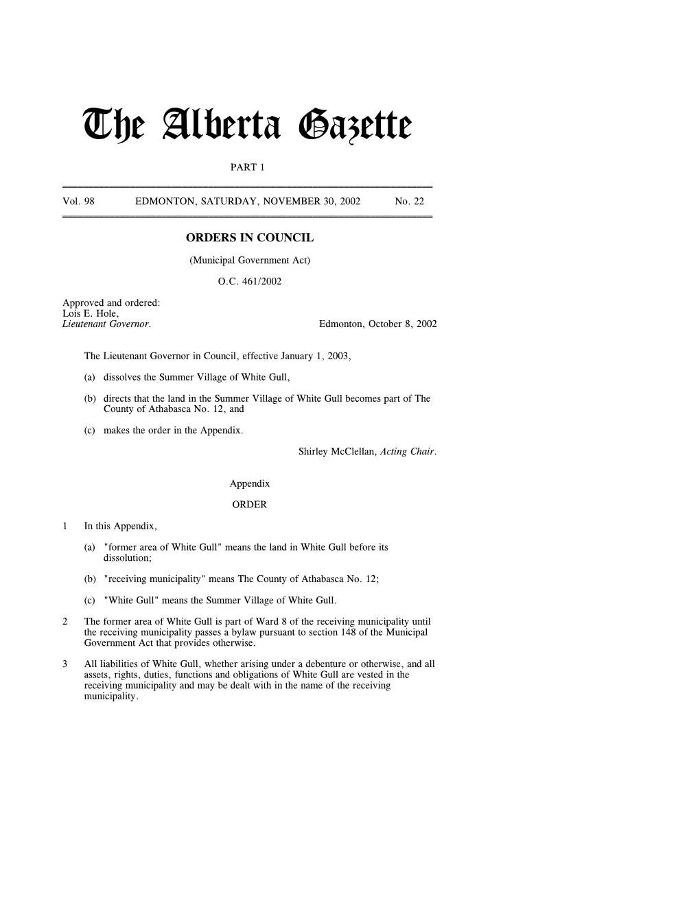 The Alberta Gazette, Part I, November 30, 2002