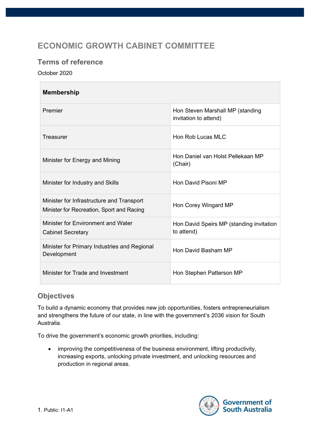 Economic Growth Cabinet Committee Terms of Reference