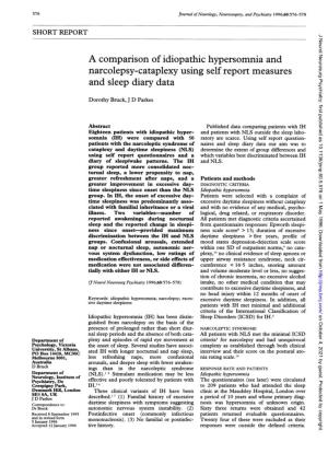 A Comparison of Idiopathic Hypersomnia and Narcolepsy-Cataplexy Using Self Report Measures and Sleep Diary Data