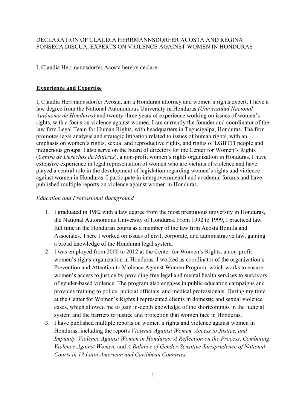 Declaration of Claudia Herrmannsdorfer Acosta and Regina Fonseca Discua, Experts on Violence Against Women in Honduras