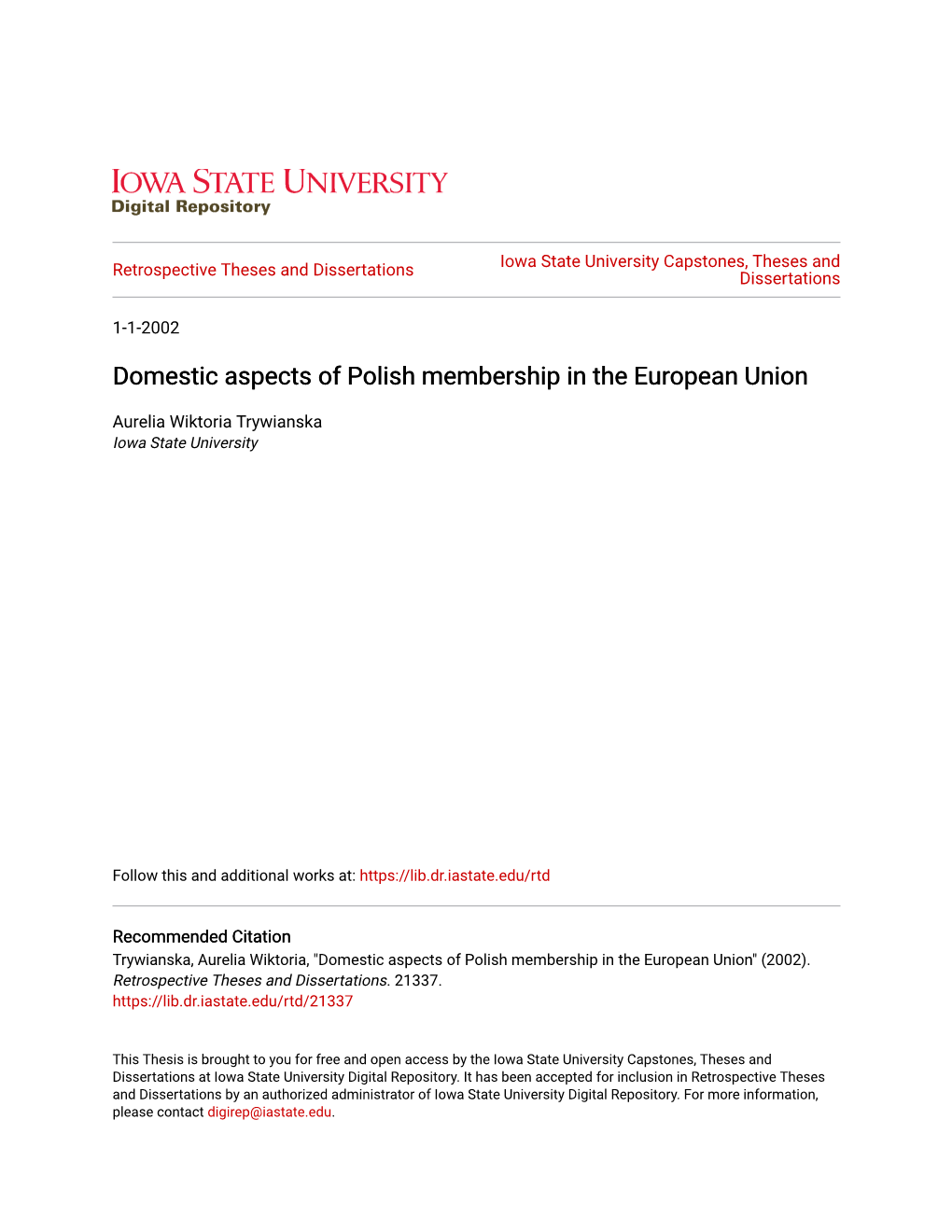 Domestic Aspects of Polish Membership in the European Union