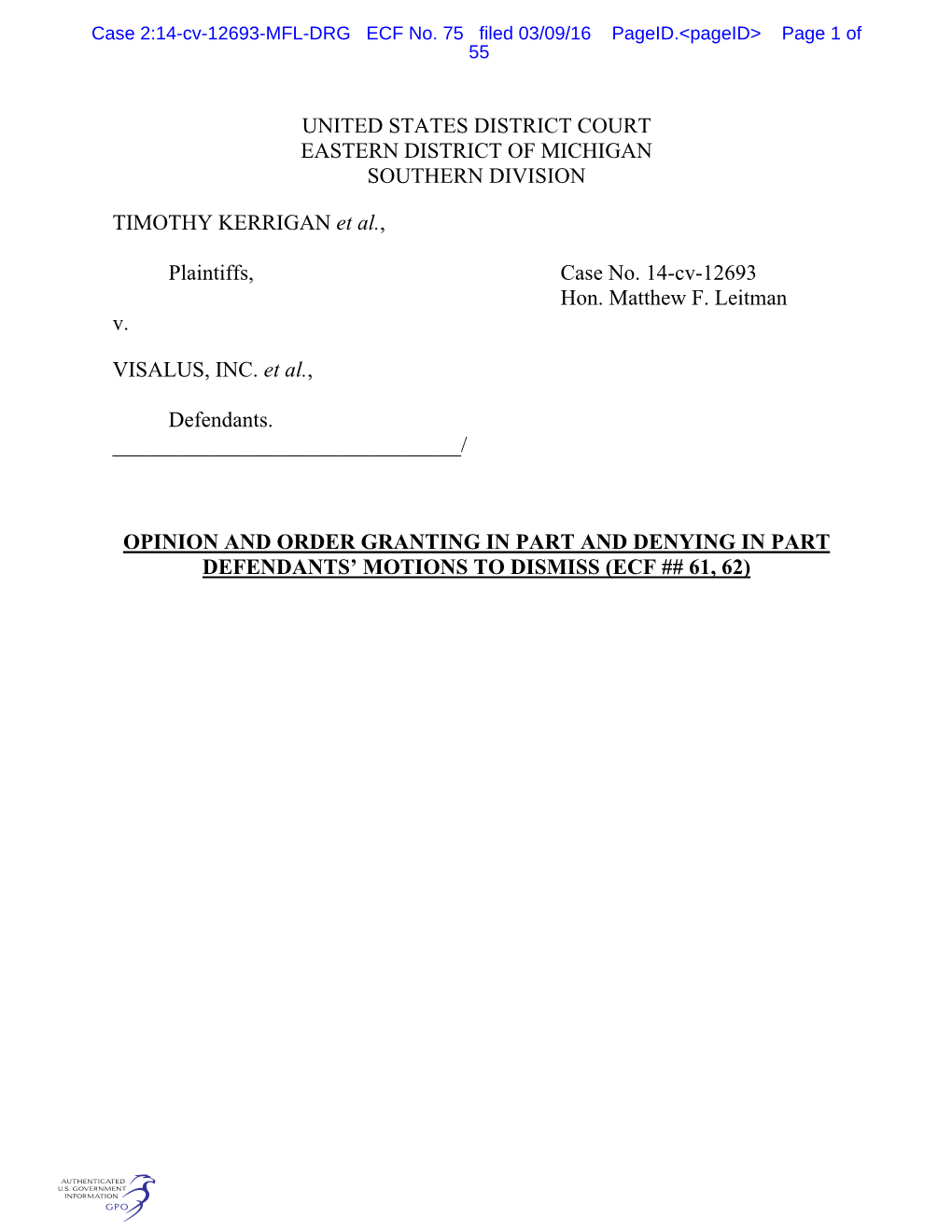 Case 2:14-Cv-12693-MFL-DRG ECF No. 75 Filed 03/09/16 Pageid