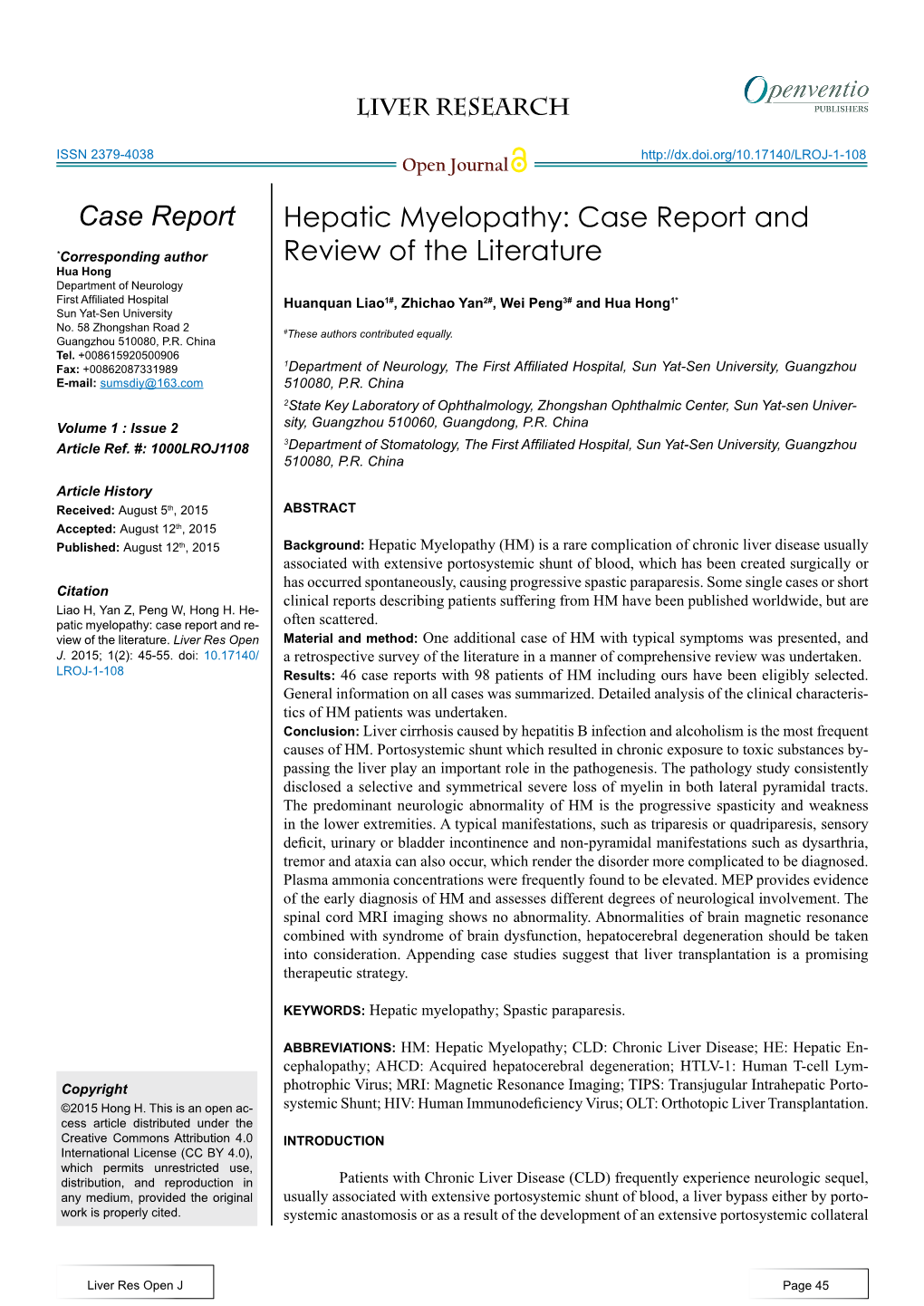 Hepatic Myelopathy: Case Report And