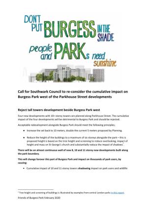 Call for Southwark Council to Re-Consider the Cumulative Impact on Burgess Park West of the Parkhouse Street Developments