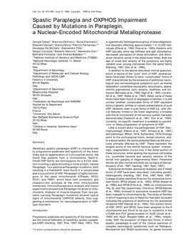 Spastic Paraplegia and OXPHOS Impairment Caused by Mutations in Paraplegin, a Nuclear-Encoded Mitochondrial Metalloprotease