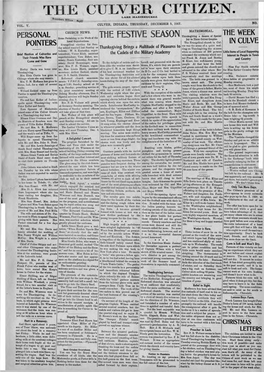 THE CULVER CITIZEN. L a K E : Maxinkuckee Fecorut, 0Ffic, H Ij0 ? CULVER, INDIANA, THURSDAY, DECEMBER 5, 1907