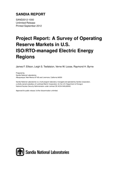 Project Report: a Survey of Operating Reserve Markets in U.S. ISO/RTO-Managed Electric Energy Regions