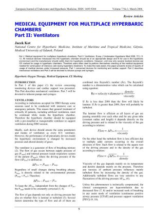 MEDICAL EQUIPMENT for MULTIPLACE HYPERBARIC CHAMBERS Part II: Ventilators