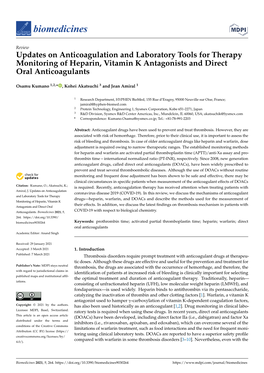 Updates on Anticoagulation and Laboratory Tools for Therapy Monitoring of Heparin, Vitamin K Antagonists and Direct Oral Anticoagulants