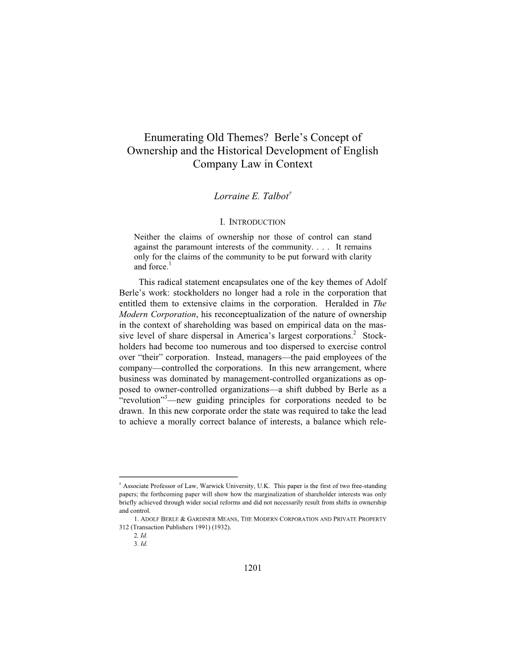 Enumerating Old Themes? Berle’S Concept of Ownership and the Historical Development of English Company Law in Context