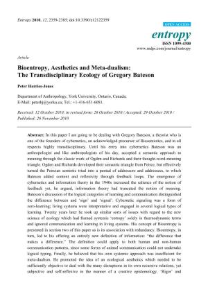 Bioentropy, Aesthetics and Meta-Dualism: the Transdisciplinary Ecology of Gregory Bateson