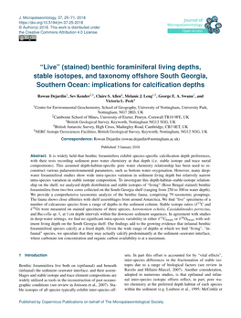 Benthic Foraminiferal Living Depths, Stable Isotopes, and Taxonomy Offshore South Georgia, Southern Ocean: Implications for Calciﬁcation Depths