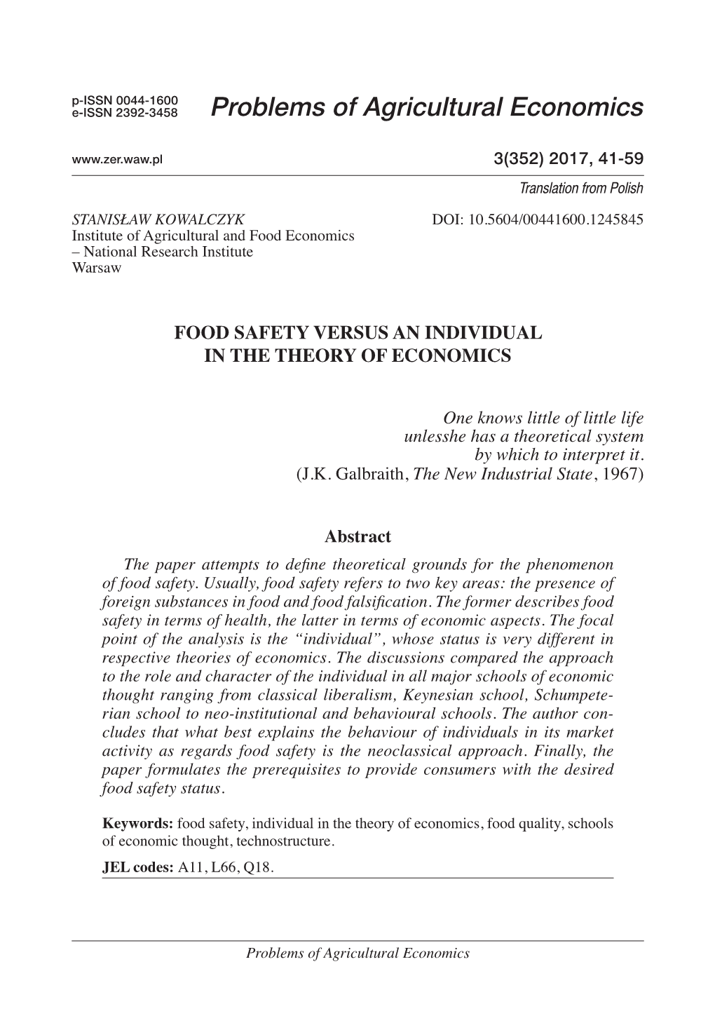 Food Safety Versus an Individual in the Theory of Economics