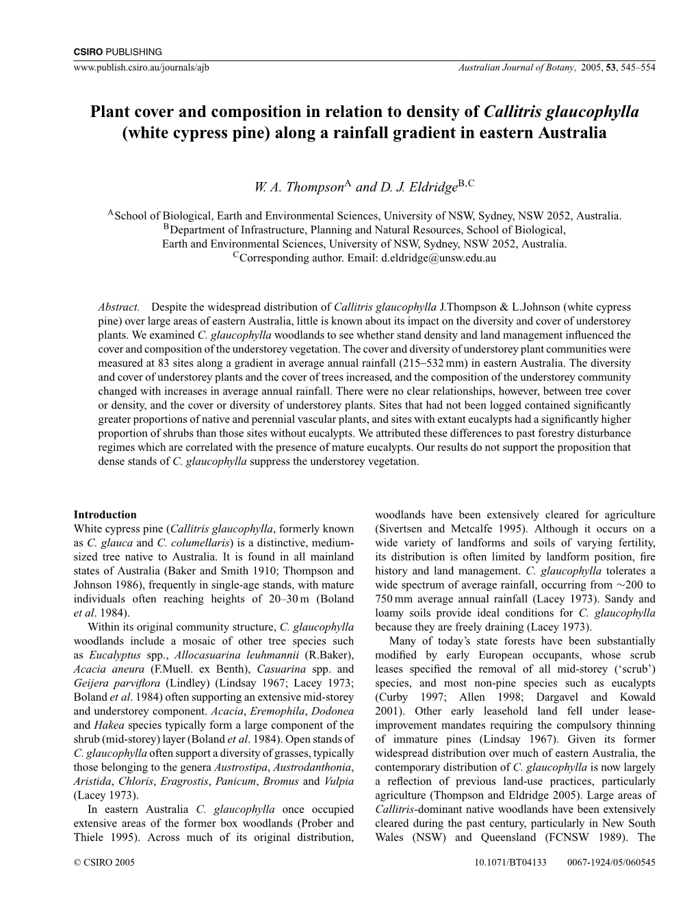 Plant Cover and Composition in Relation to Density of Callitris Glaucophylla (White Cypress Pine) Along a Rainfall Gradient in Eastern Australia