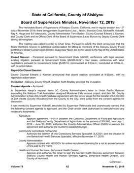 State of California, County of Siskiyou Board of Supervisors Minutes