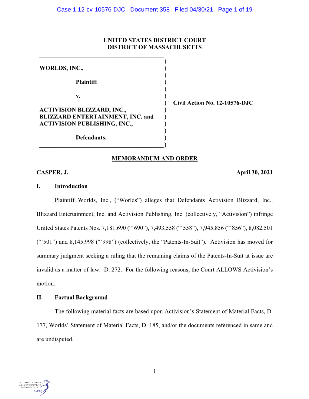 Case 1:12-Cv-10576-DJC Document 358 Filed 04/30/21 Page 1 of 19
